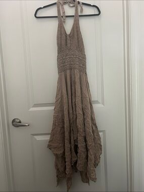 Handkerchief Hem Taupe Halter Maxi Dress
